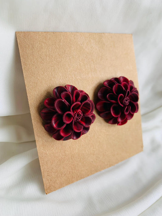 Red and maroon dahlia flower stud earrings