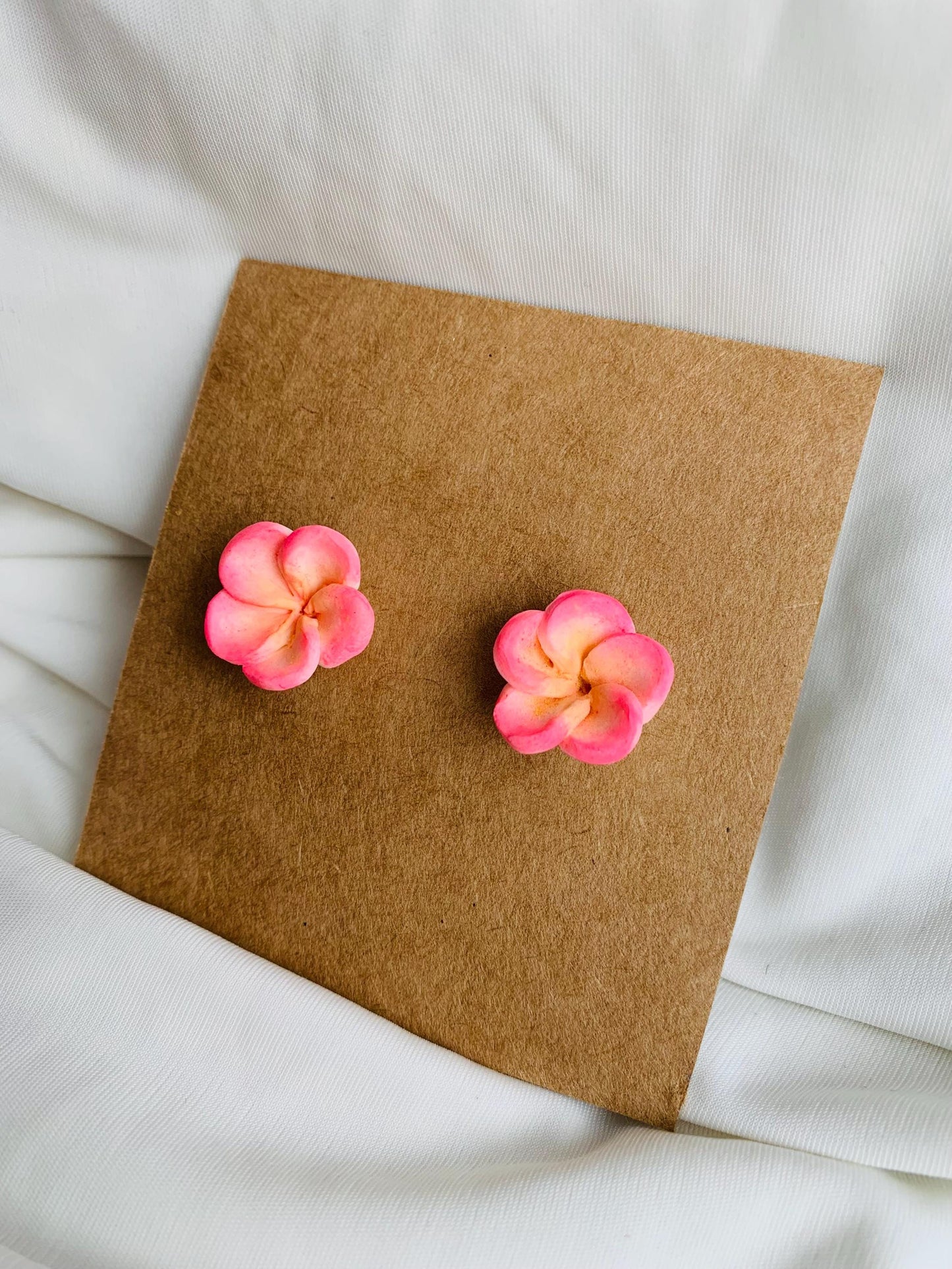 White and pink plumeria flower stud earrings