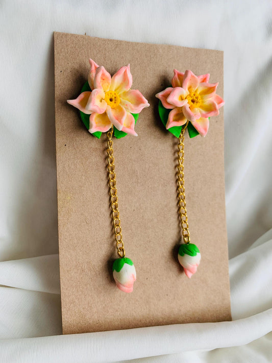 Pink lotus with a lotus bud dangle and drop earrings