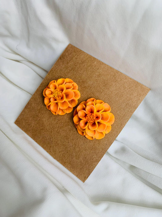Orange and yellow Dahlia flower stud earrings