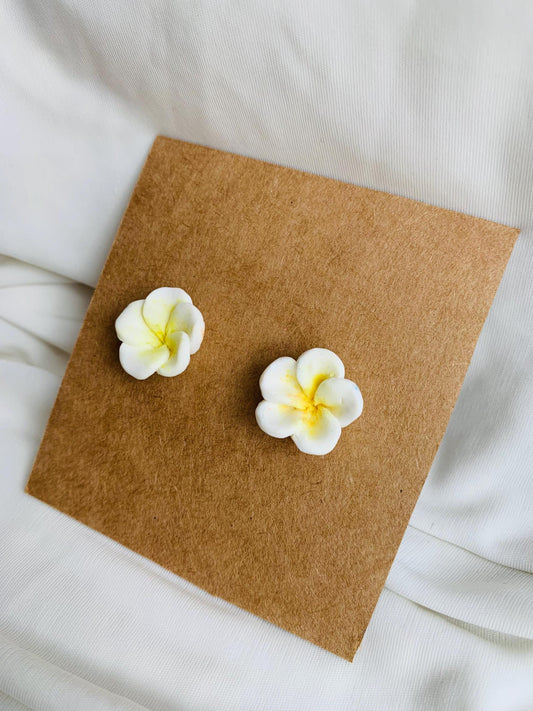 White plumeria flower stud earrings
