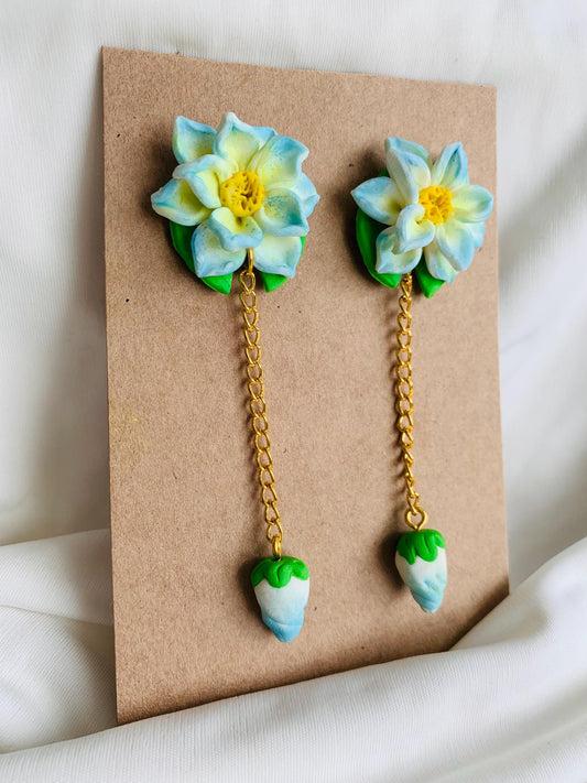Blue lotus with a lotus bud dangle and drop earrings