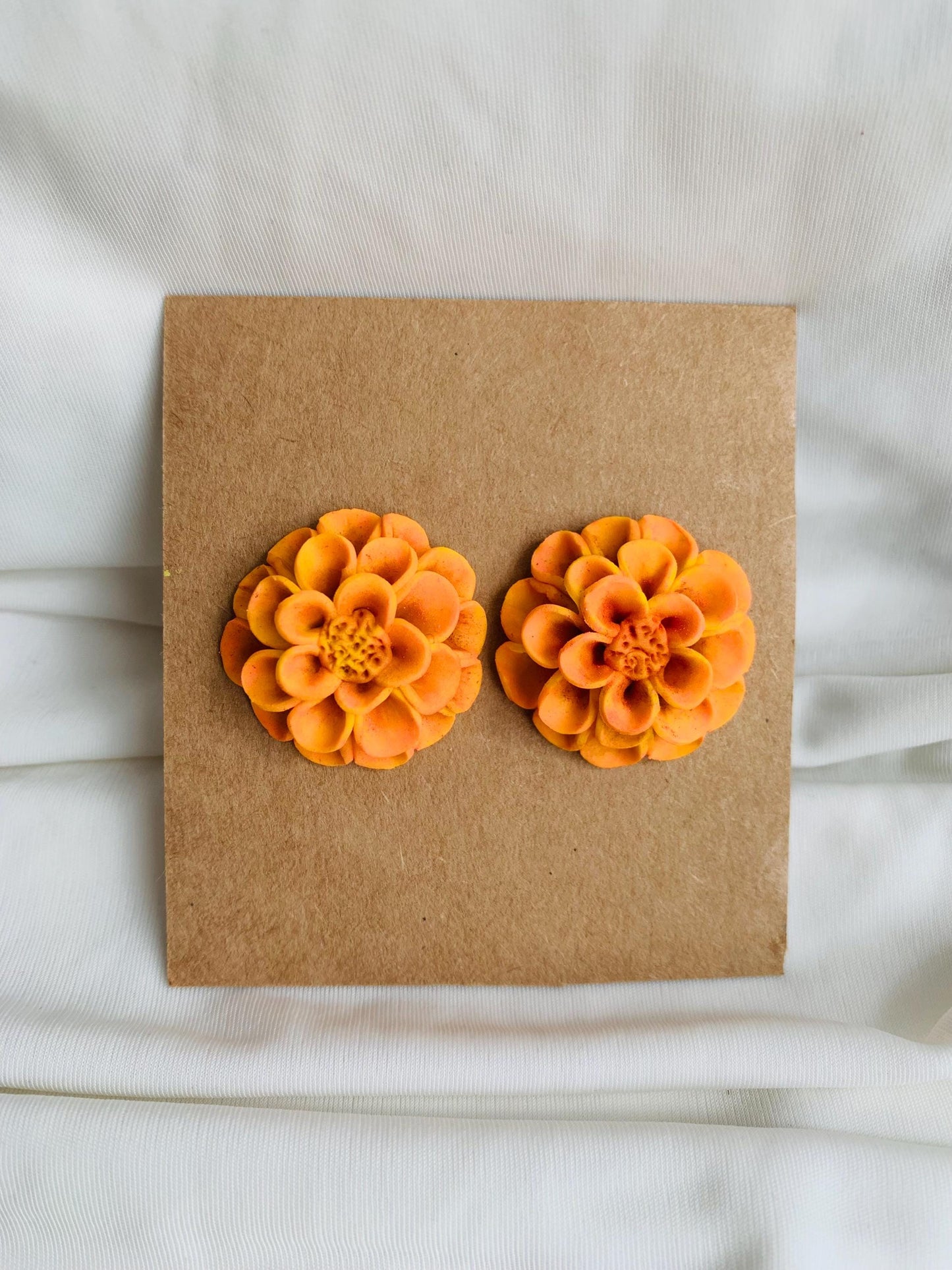 Orange and yellow Dahlia flower stud earrings