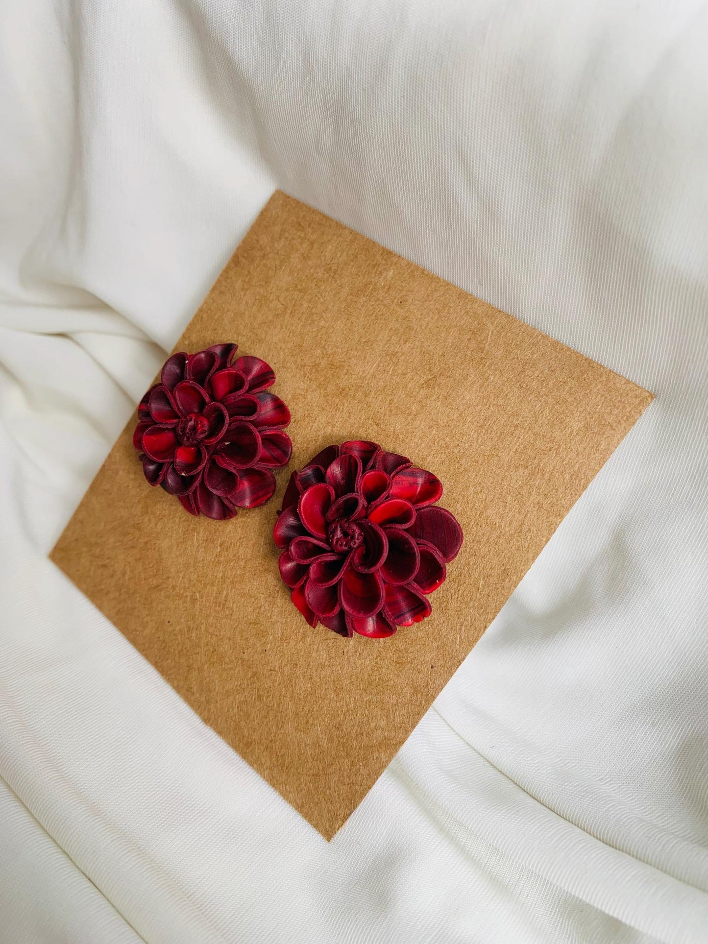Red and maroon dahlia flower stud earrings