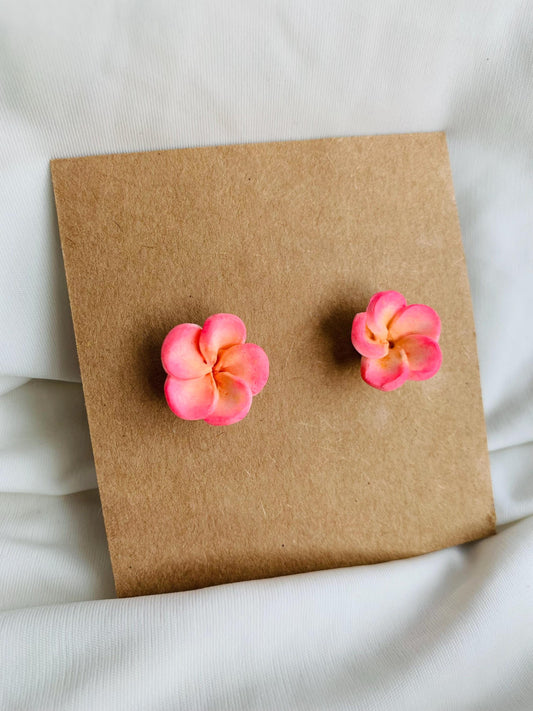 White and pink plumeria flower stud earrings
