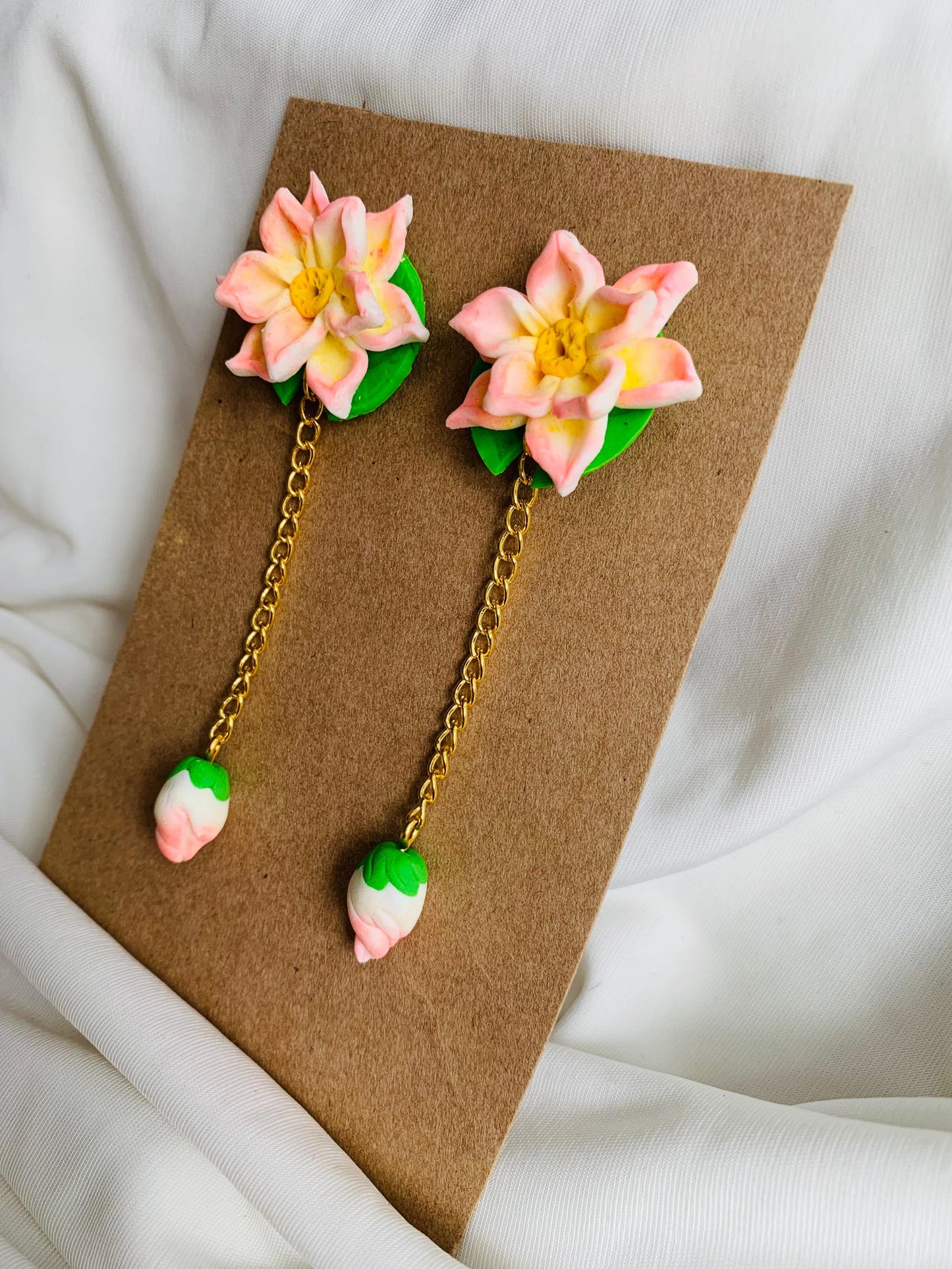 Pink lotus with a lotus bud dangle and drop earrings