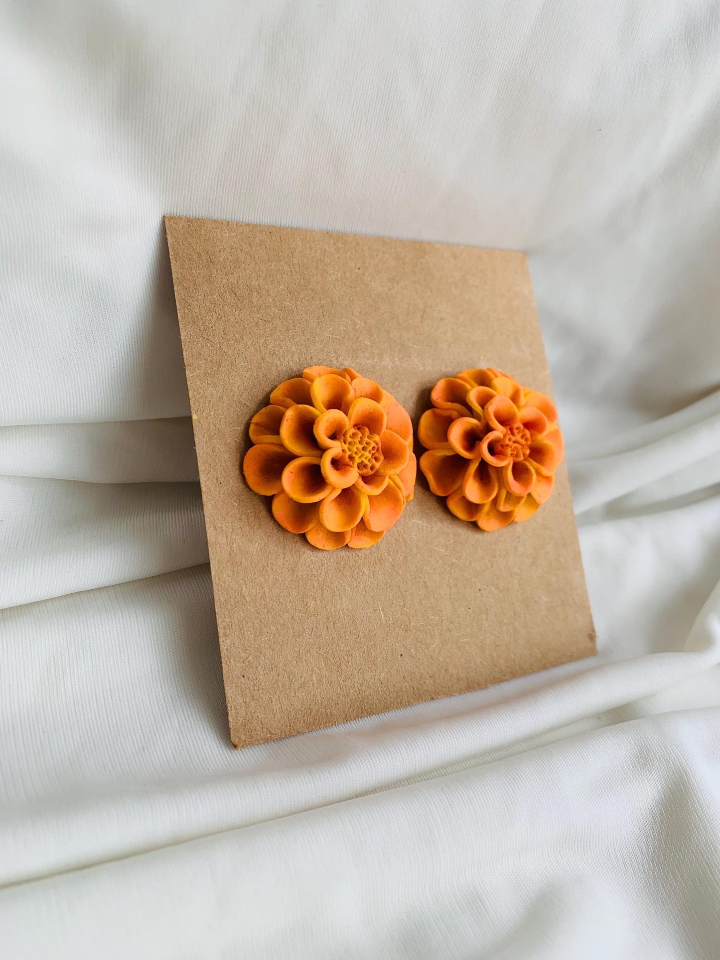 Orange and yellow Dahlia flower stud earrings