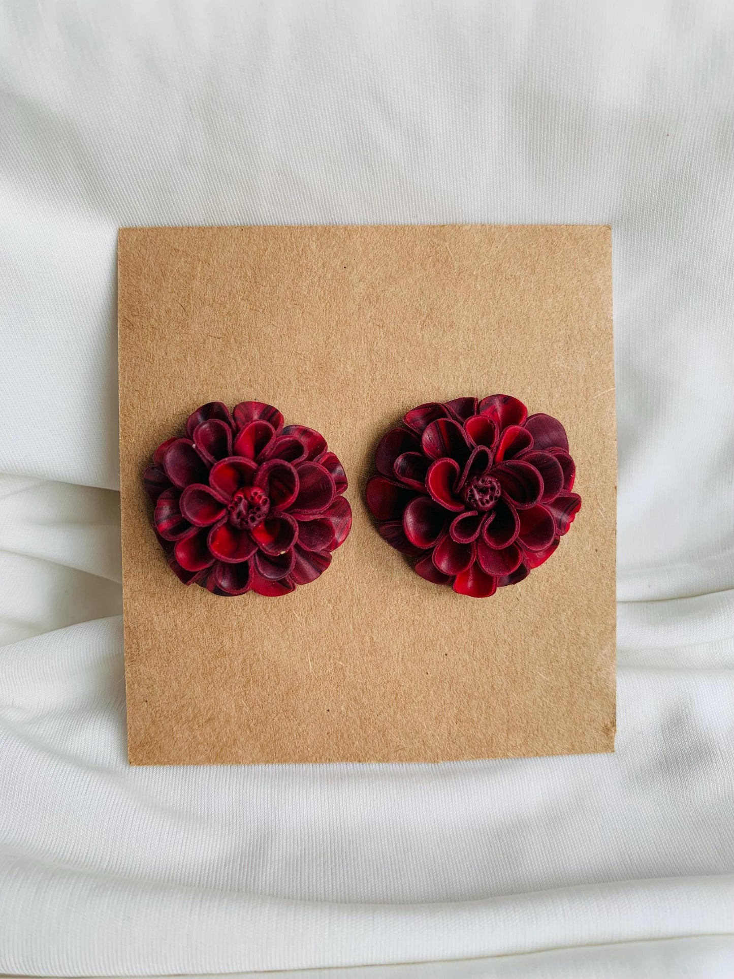 Red and maroon dahlia flower stud earrings