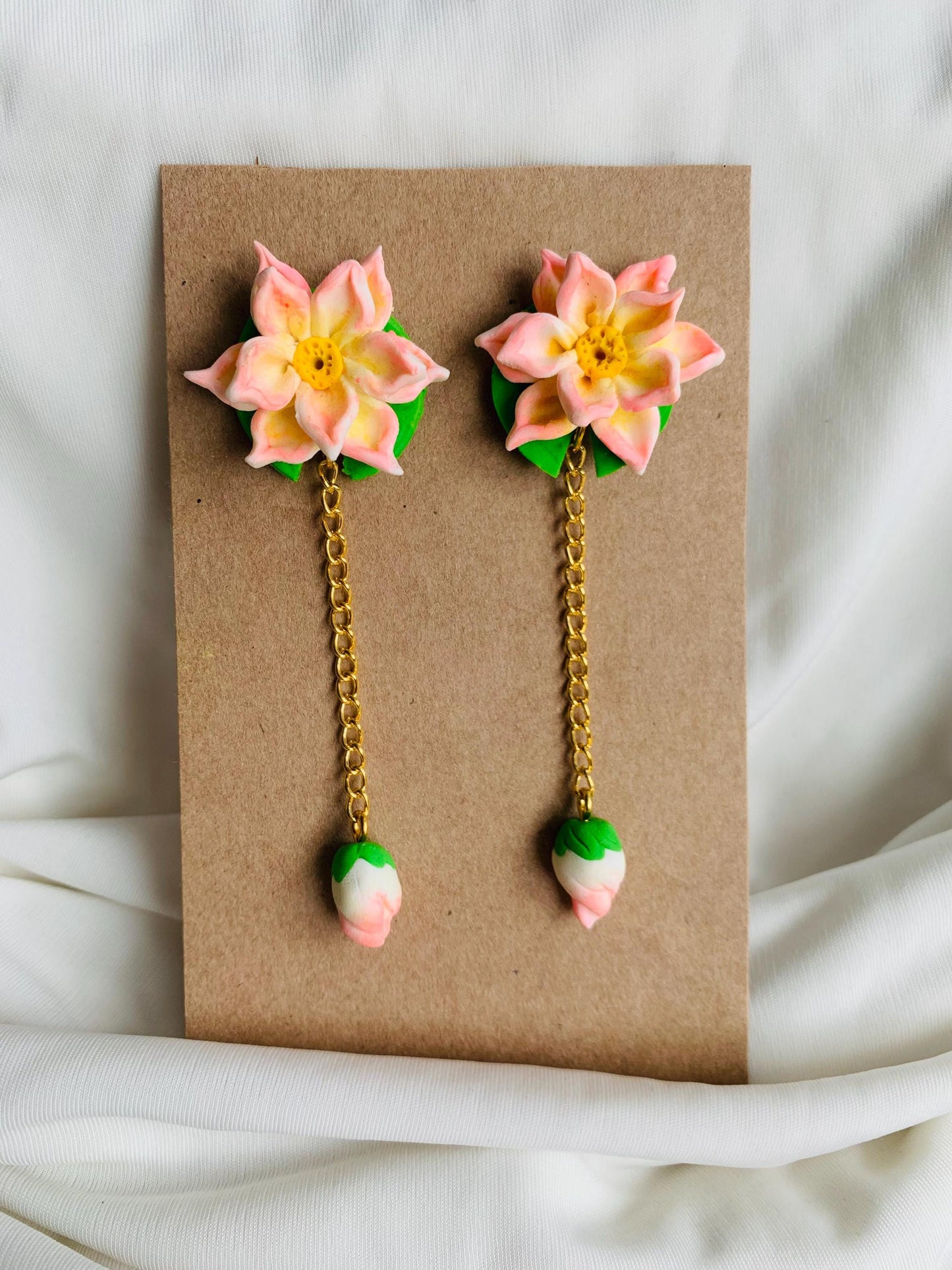 Pink lotus with a lotus bud dangle and drop earrings