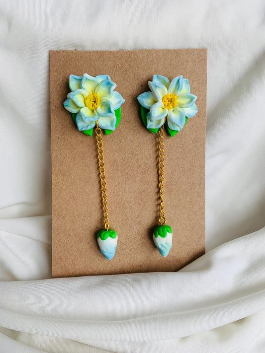 Blue lotus with a lotus bud dangle and drop earrings